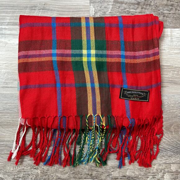 James Pringle Weavers Red Tartan Plaid Fringe Scarf 100% Viscose 26” x 70” - Picture 2 of 4